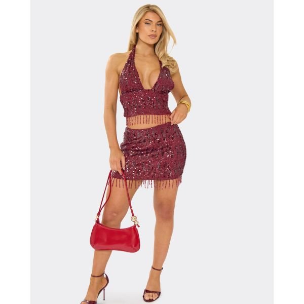 EGO High Waist Embroidered Bead Trim Mini Skirt In Burgundy Sequin, Women's Size UK 6 - 2