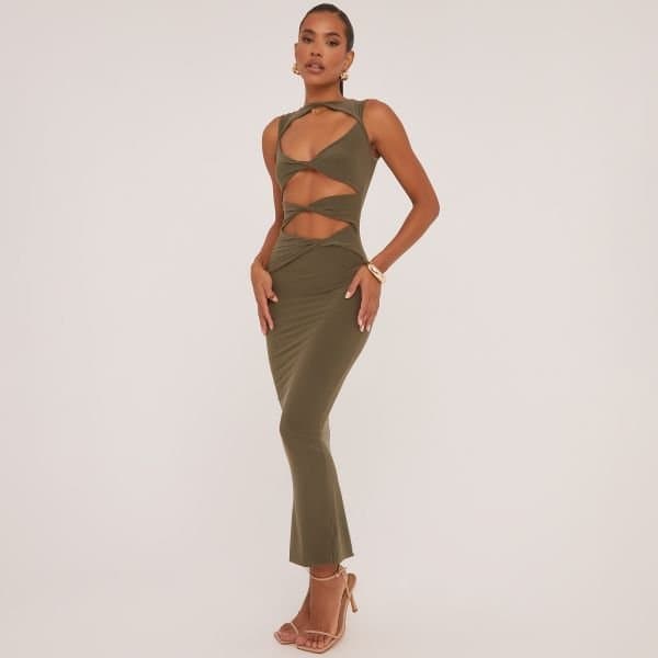 EGO Sleeveless Cut Out Twist Front Detail Maxi Dress In Olive Green, Women's Size UK 10