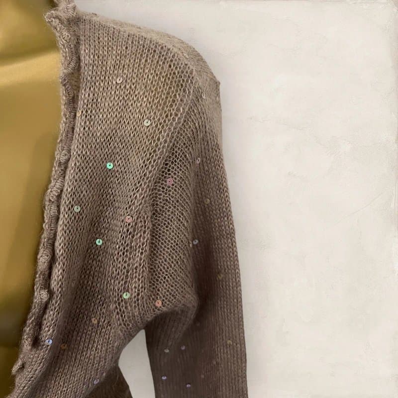 Laura Ashley Laura Ashley Light Brown Soft Mohair Blend Sequin Cardigan Dip Front Sz S UK 8