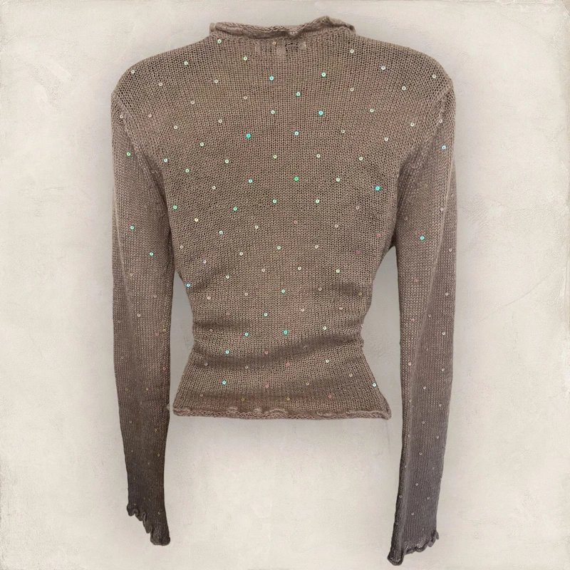 Laura Ashley Laura Ashley Light Brown Soft Mohair Blend Sequin Cardigan Dip Front Sz S UK 8 - 2