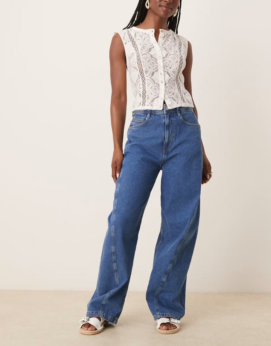 ASOS ASOS DESIGN barrel leg jeans with seam detail in mid blue - MBLUE