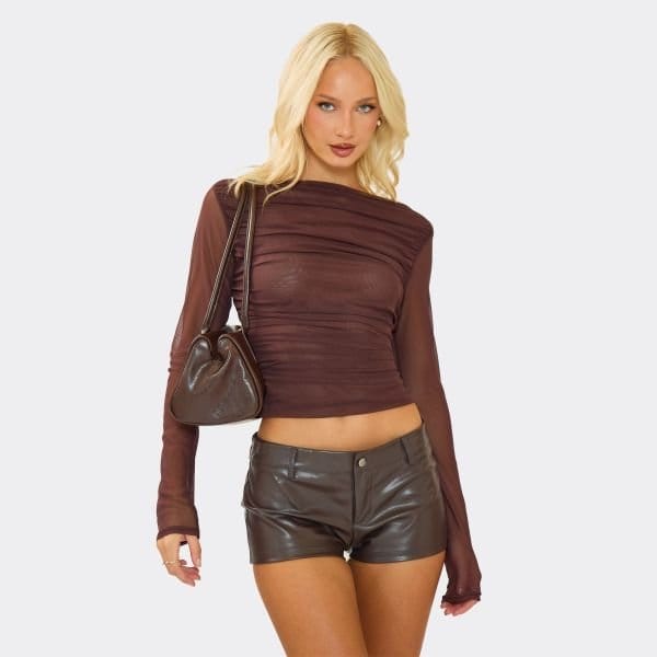 EGO Long Sleeve Ruched Detail Top In Chocolate Brown, Women's Size UK 6 - 1