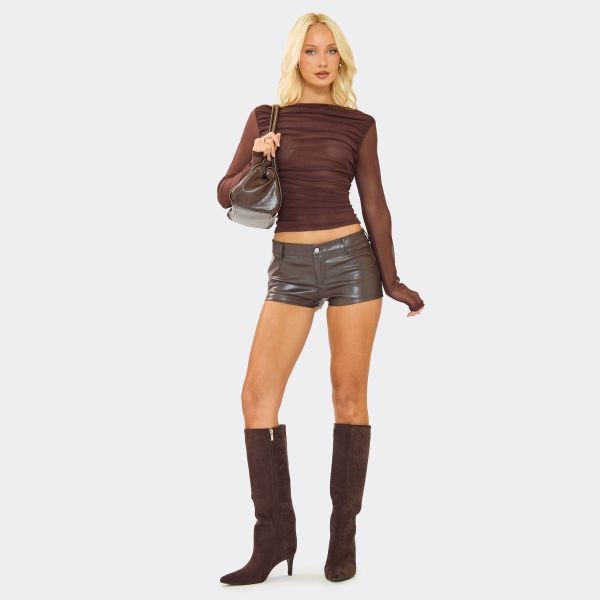EGO Long Sleeve Ruched Detail Top In Chocolate Brown, Women's Size UK 6 - 2