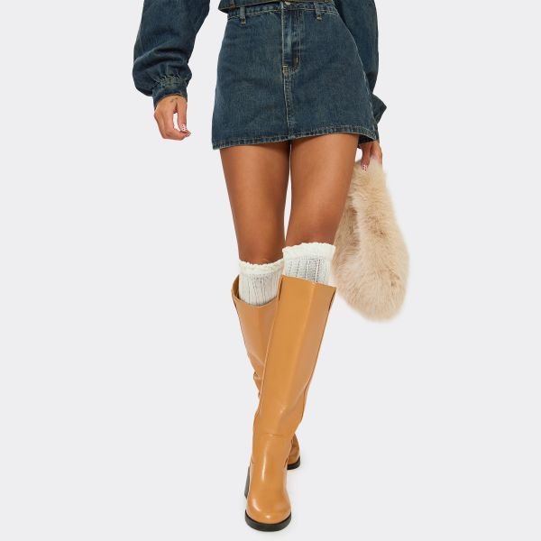 EGO Step Up Block Heel Side Panel Detail Knee High Boot In Camel Faux Leather, Women's Size UK 3 - 1