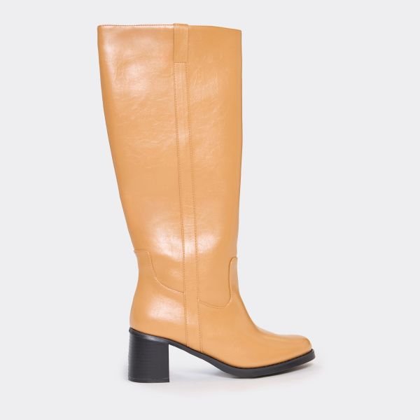 EGO Step Up Block Heel Side Panel Detail Knee High Boot In Camel Faux Leather, Women's Size UK 3 - 2