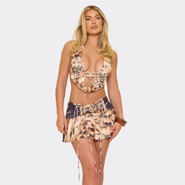 EGO Plunge Cowl Neck Trim Detail Top In Animal Print, Women's Size UK 10