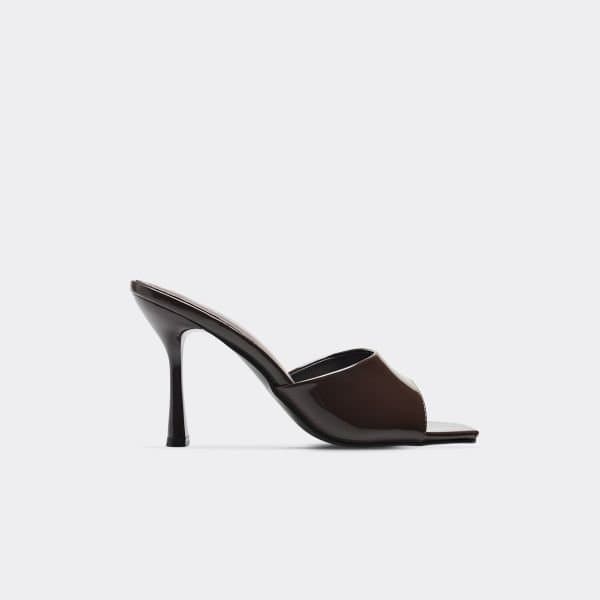 EGO Gaia Square Peep Toe Stiletto Heeled Mule In Brown Patent, Women's Size UK 3