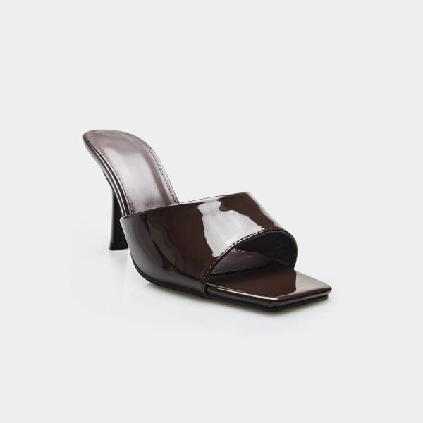 EGO Gaia Square Peep Toe Stiletto Heeled Mule In Brown Patent, Women's Size UK 3 - 2