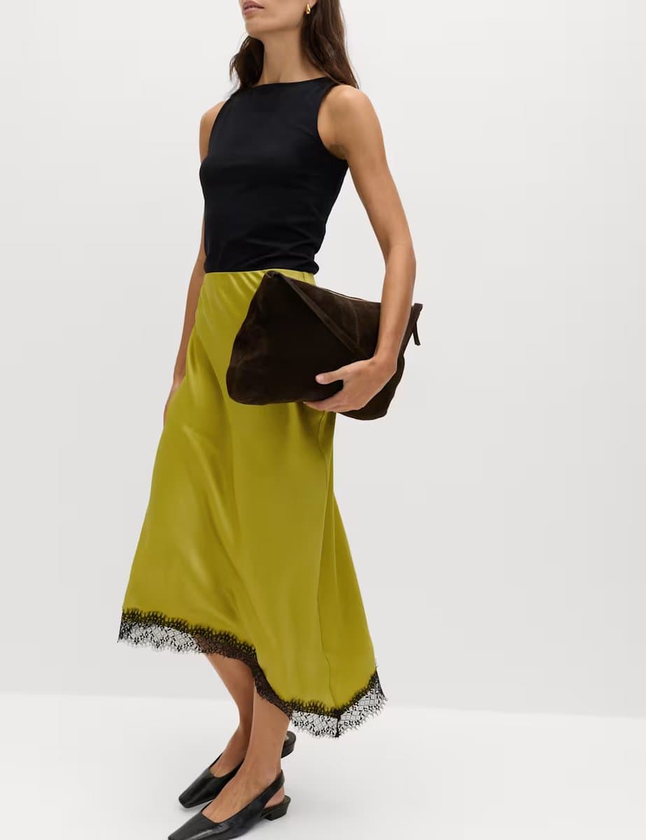 Marks & Spencer M&S Lace Detail Asymmetric Midi Slip Skirt Moss