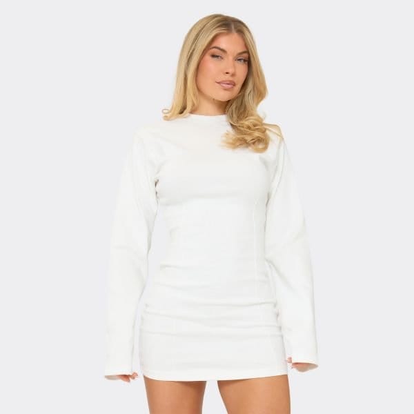 EGO Long Sleeve Shoulder Pad Cinched Waist Detail Mini Dress In Cream, Women's Size UK 6 - 1