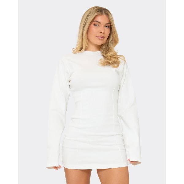 EGO Long Sleeve Shoulder Pad Cinched Waist Detail Mini Dress In Cream, Women's Size UK 6 - 2