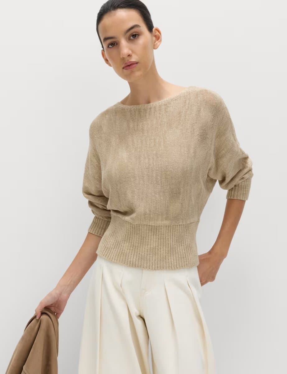 Marks & Spencer M&S Textured Slash Neck Relaxed Jumper in Sandstone