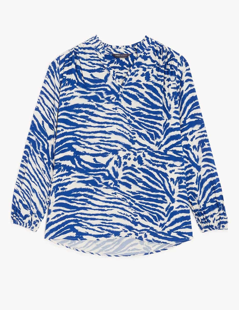 Marks & Spencer M&S Printed V-Neck Longline Blouse Navy Mix