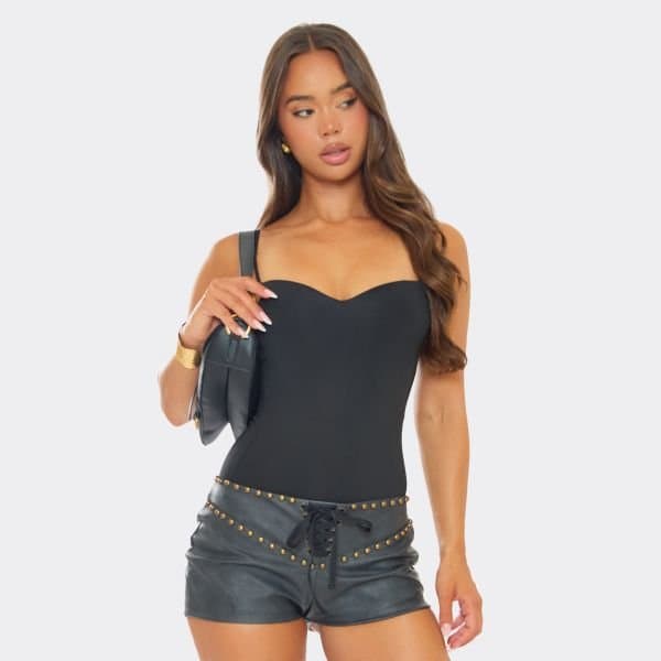 EGO Low Rise Gold Studded Lace Up Detail Shorts In Grey Faux Leather, Women's Size UK 8