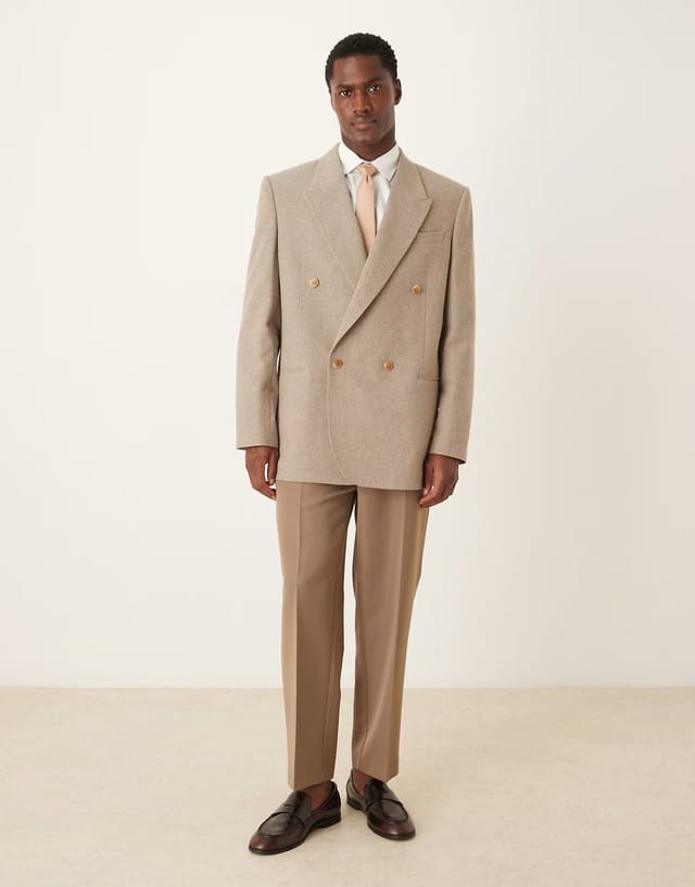 ASOS ASOS DESIGN double breasted relaxed boxy blazer with wool in beige micro check - 2