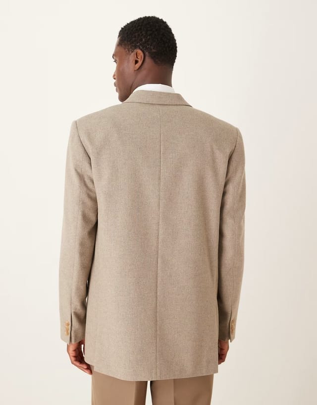 ASOS ASOS DESIGN double breasted relaxed boxy blazer with wool in beige micro check - 3