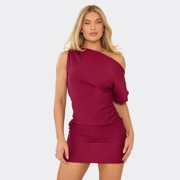 EGO Asymmetric One Shoulder Ruched Detail Mini Dress In Burgundy Woven, Women's Size UK 6