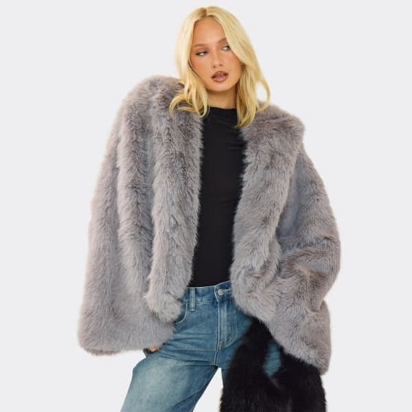 EGO Hooded Oversized Coat In Grey Faux Fur, Women's Size UK 6