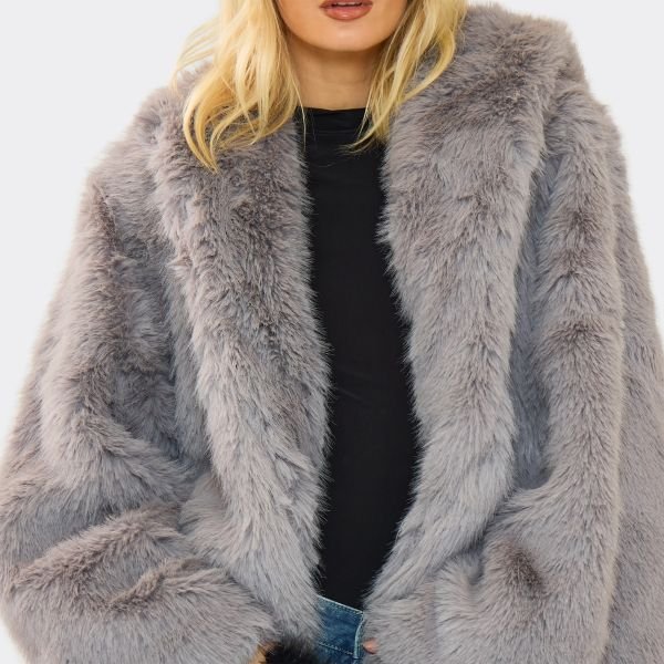 EGO Hooded Oversized Coat In Grey Faux Fur, Women's Size UK 6 - 2