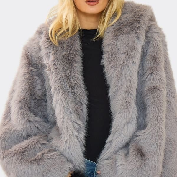 EGO Hooded Oversized Coat In Grey Faux Fur, Women's Size UK 6 - 2