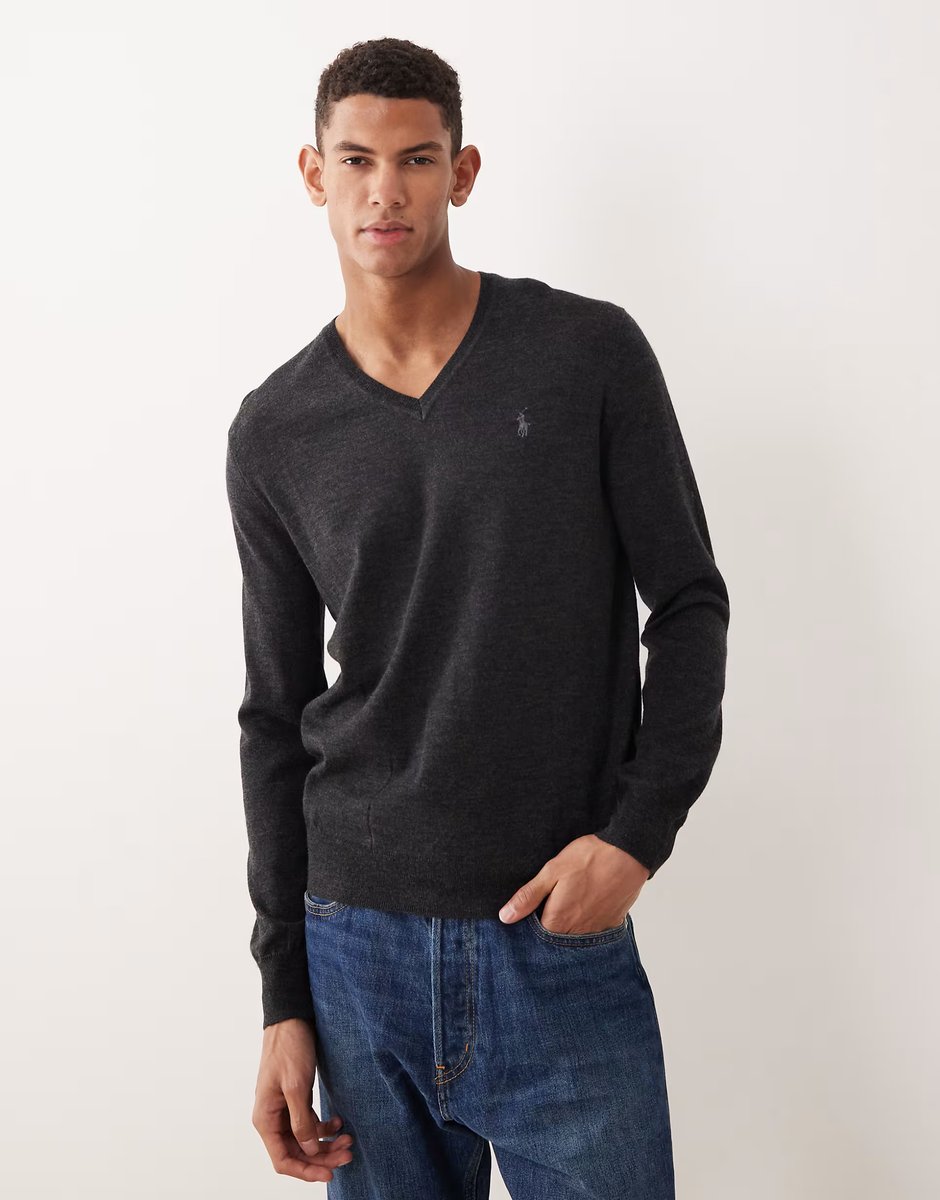 ASOS Polo Ralph Lauren icon logo v-neck merino wool knit jumper in charcoal marl - 1