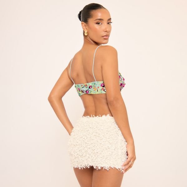 EGO Floral Detail Bralet Top In Blue Multi Sequin, Women's Size UK 12 - 2