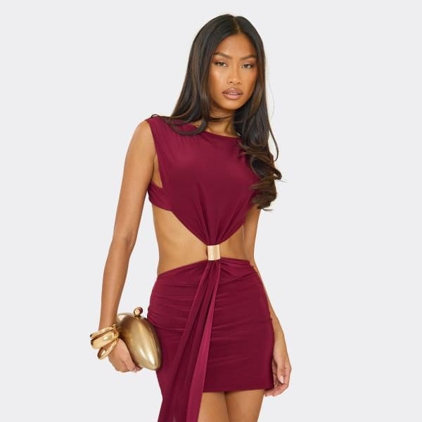 EGO Boat Neck Cut Out Drape Trim Detail Mini Dress In Red, Women's Size UK 6 - 2