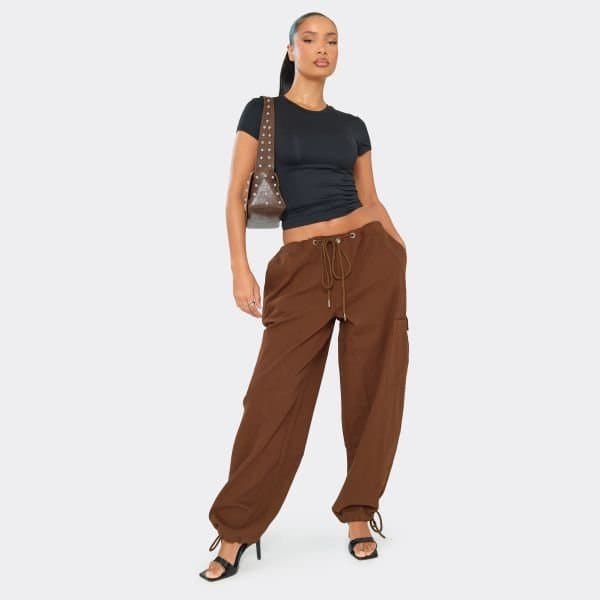 EGO EGO Chocolate Brown Low Rise Drawstring Parachute Trousers