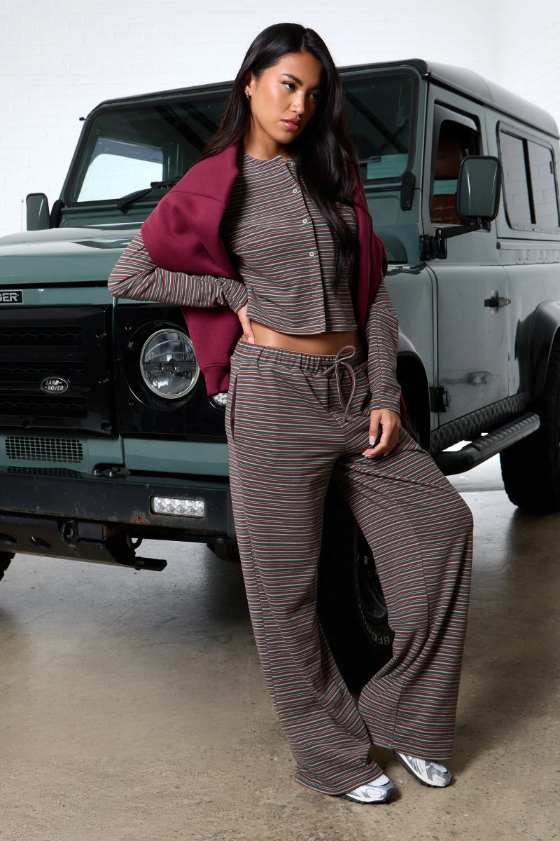 Kaiia Kaiia Striped Fleece Button Up Cardigan Brown Multi - 3