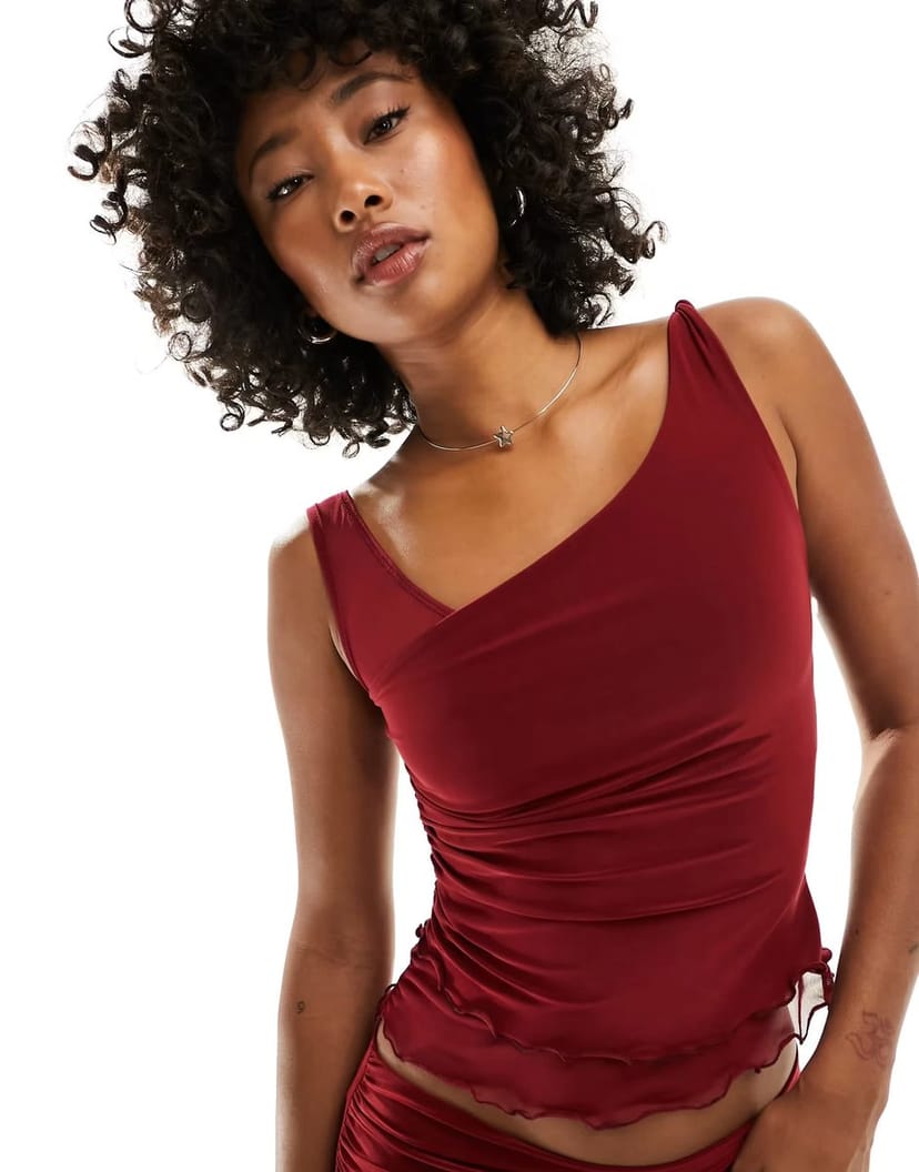 ASOS Reclaimed Vintage ruched top co-ord in burgundy - 1