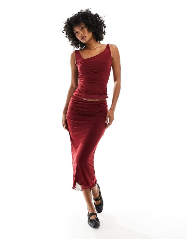 ASOS Reclaimed Vintage ruched top co-ord in burgundy - 3