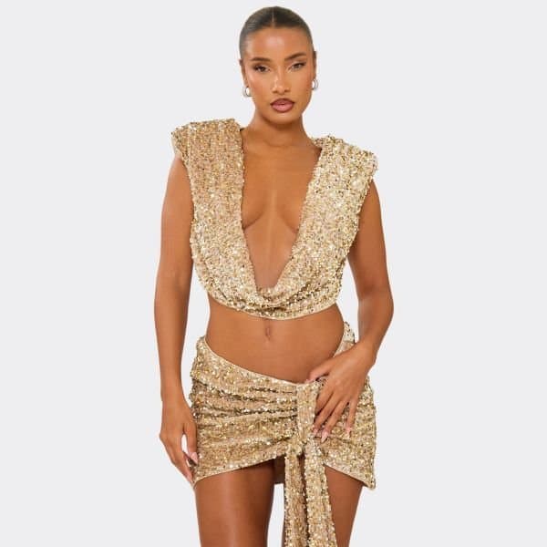 EGO Cowl Neck Shoulder Pad Detail Top In Champagne Velour Sequin, Women's Size UK 6