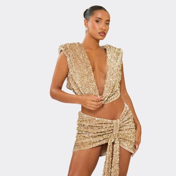 EGO Cowl Neck Shoulder Pad Detail Top In Champagne Velour Sequin, Women's Size UK 6 - 2