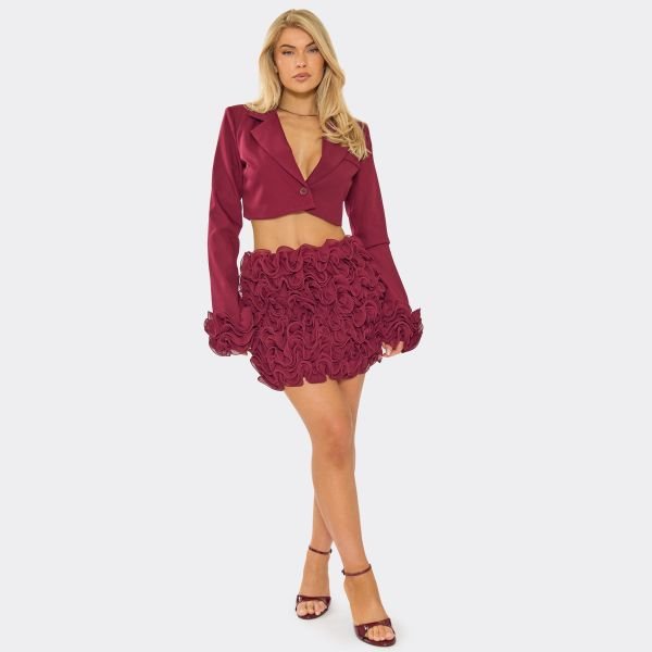 EGO Mid Waist Textured Detail Mini Skirt In Burgundy, Women's Size UK 6 - 1