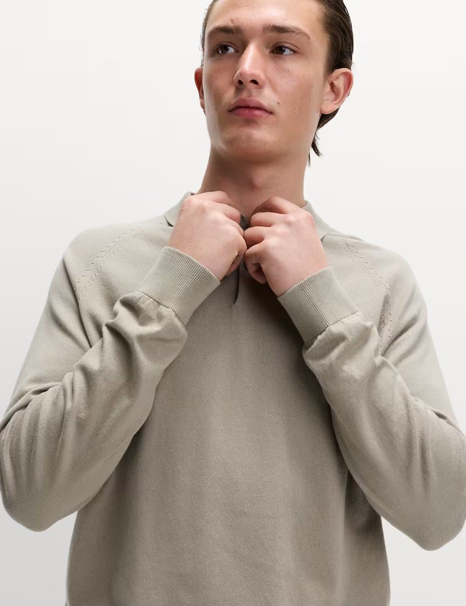 Marks & Spencer M&S Cotton Rich Knitted Polo Shirt Putty