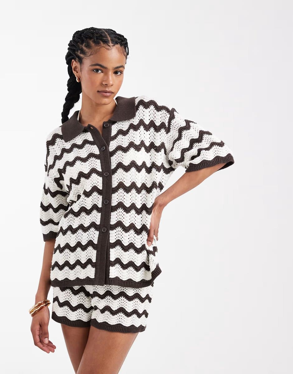 ASOS 4th & Reckless crochet knit beach shirt co-ord in brown & white zig zag