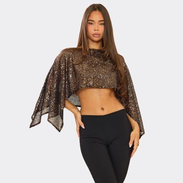 EGO EGO Floaty Cape Top in Bronze Sequin