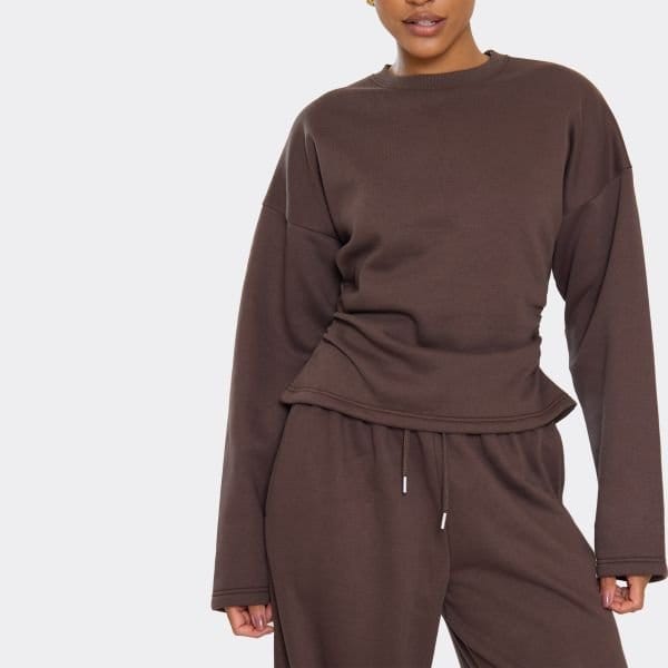 EGO Long Sleeve Cinch Waist Sweatshirt In Chocolate Brown, Women's Size UK 6 - 2