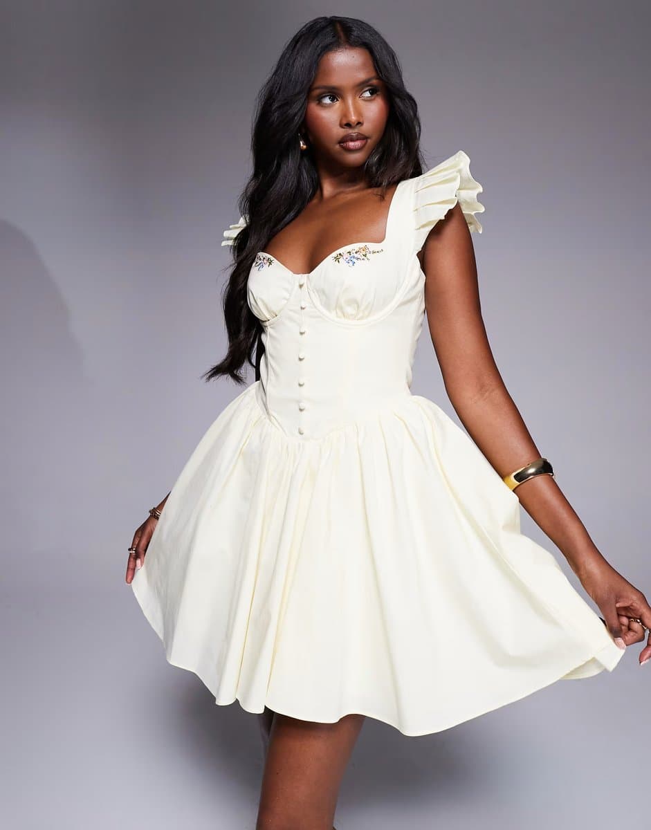 ASOS House of CB Sisi embroidered mini dress in lemon