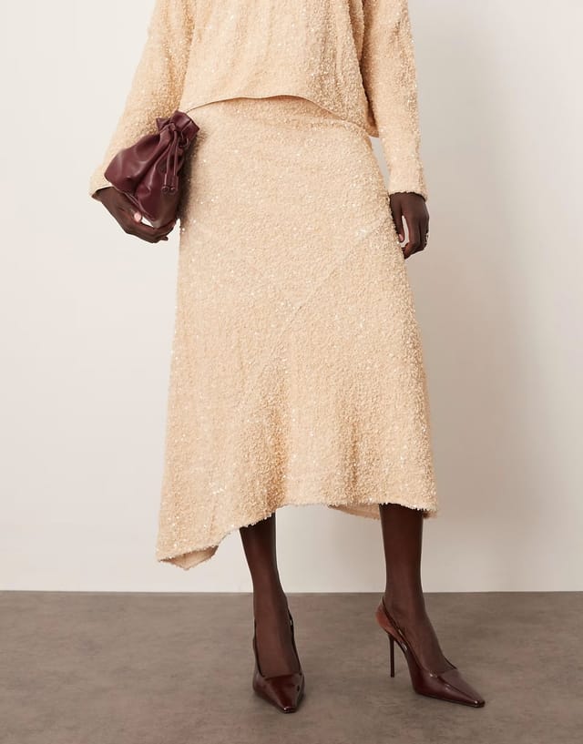 ASOS ARRANGE velvet allover sequin asymmetric hem skirt co-ord in cream - 3