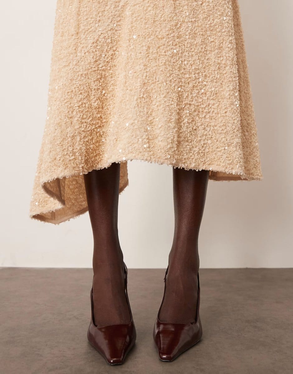 ASOS ARRANGE velvet allover sequin asymmetric hem skirt co-ord in cream - 4