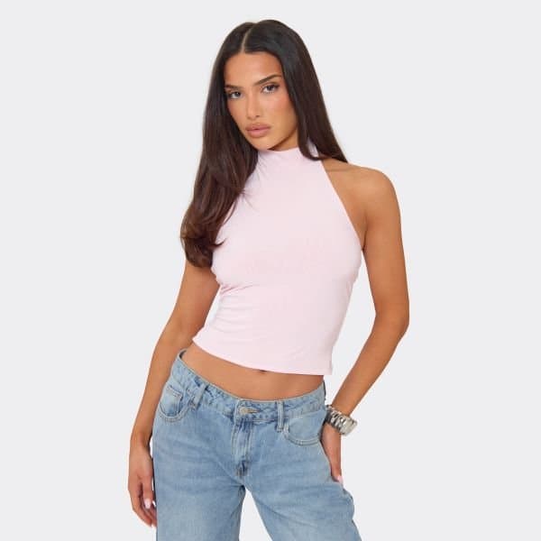 EGO HALTER NECK OPEN BACK DETAIL SLINKY TOP IN PINK, Women's Size UK 10