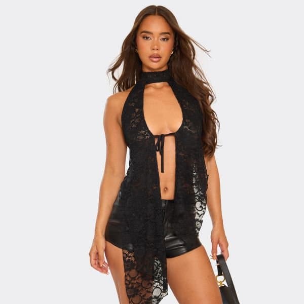 EGO High Neck Open Tie Front Top In Black Lace, Women's Size UK 10