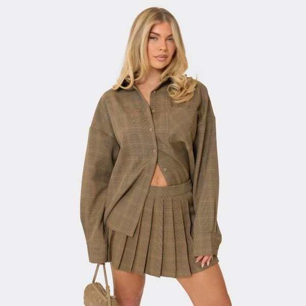 EGO Oversized Button Through Pocket Front Shirt In Brown Check Print, Women's Size UK 6 - 1