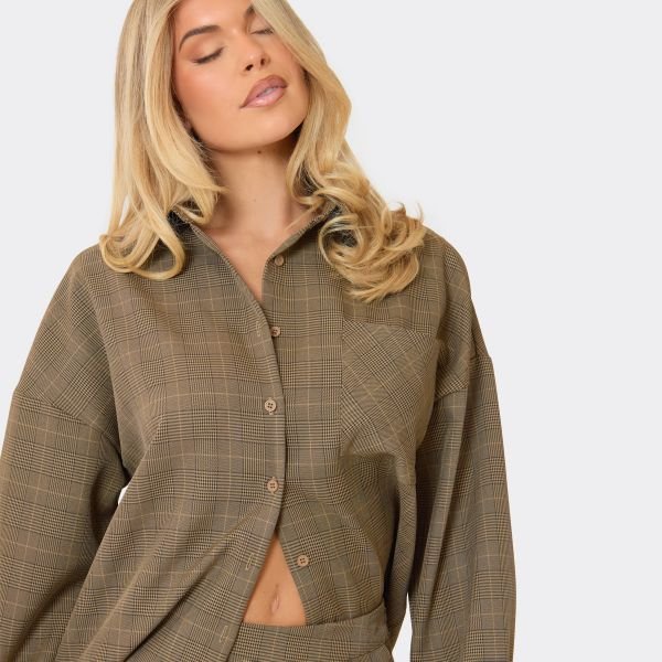 EGO Oversized Button Through Pocket Front Shirt In Brown Check Print, Women's Size UK 6 - 2