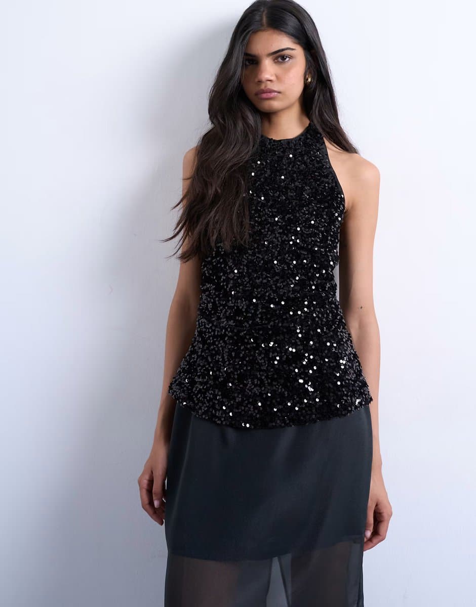 ASOS Topshop velvet sequin halter top in black