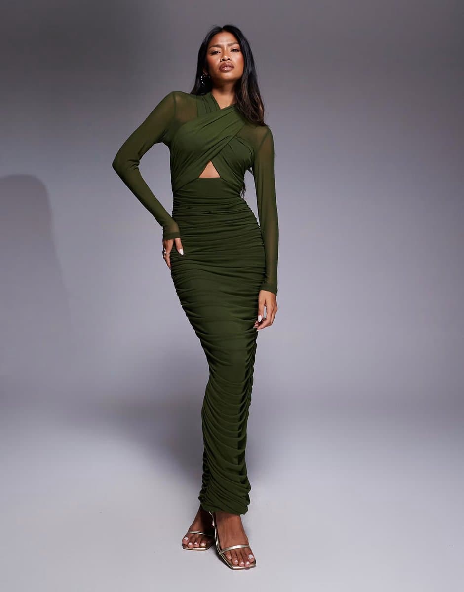 ASOS Bardot Aliyah wrap mesh midi dress in dark khaki