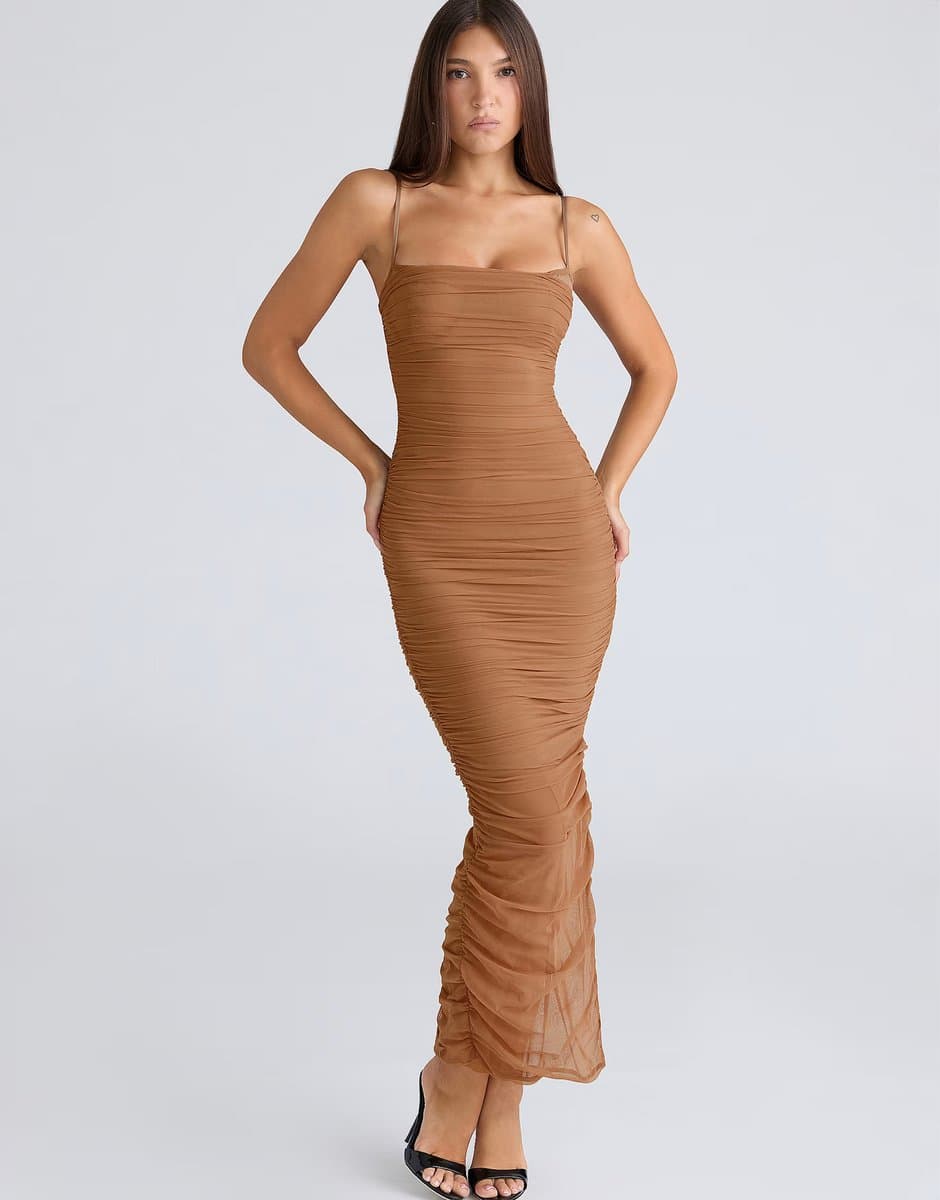 ASOS House of CB Fornarina tan gathered stretch mesh maxi dress in tan
