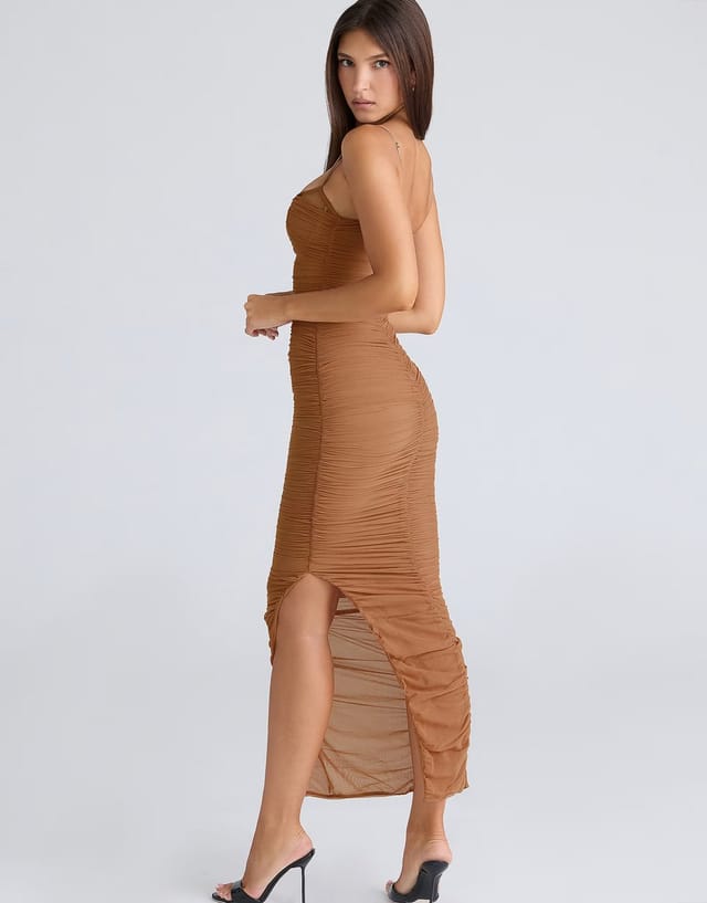 ASOS House of CB Fornarina tan gathered stretch mesh maxi dress in tan - 2
