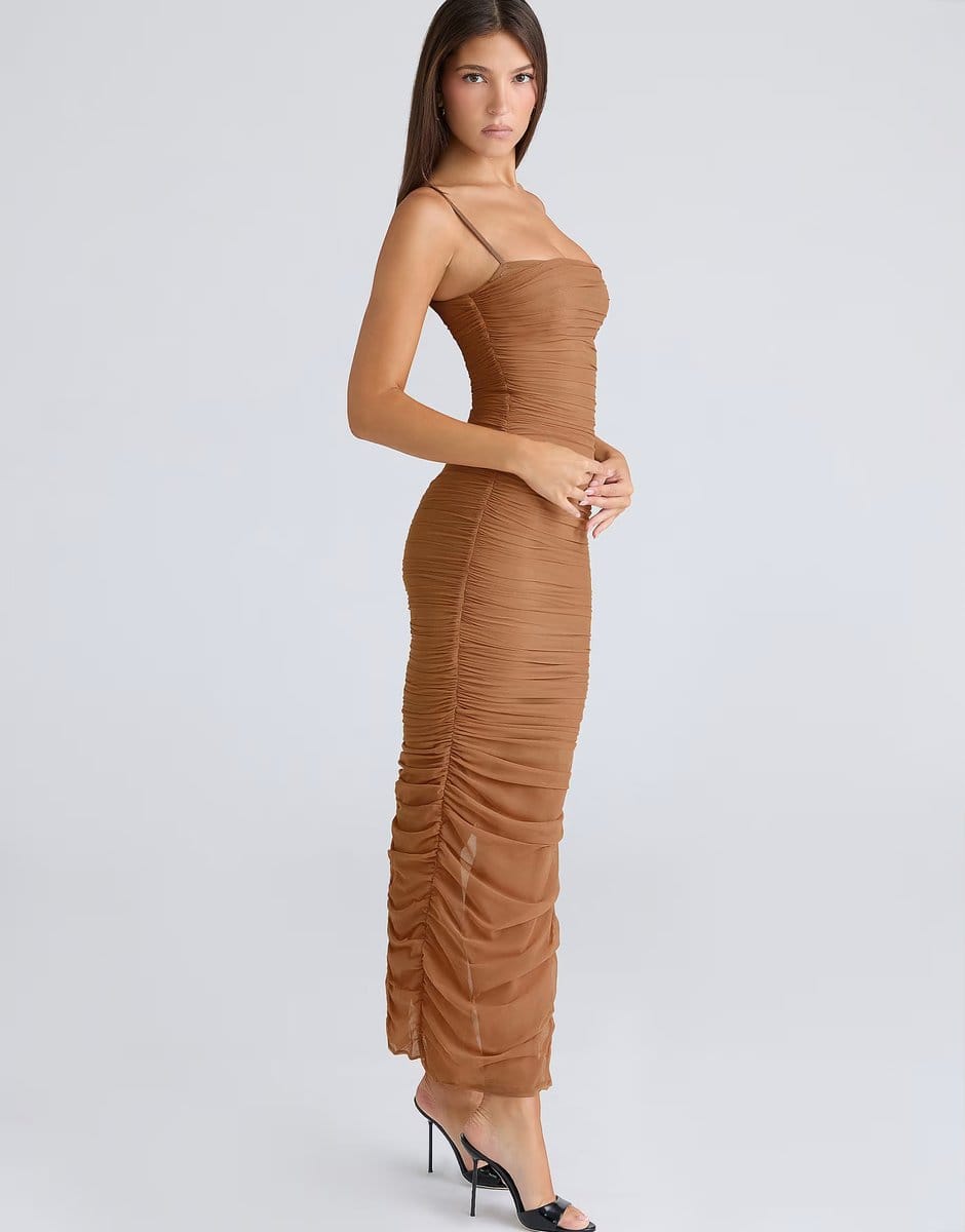 ASOS House of CB Fornarina tan gathered stretch mesh maxi dress in tan - 4